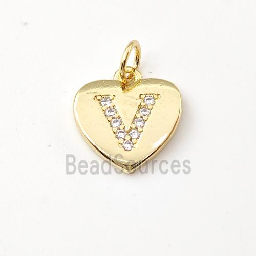 Copper Heart Pendant Pave Zirconia Letter-V Gold Plated