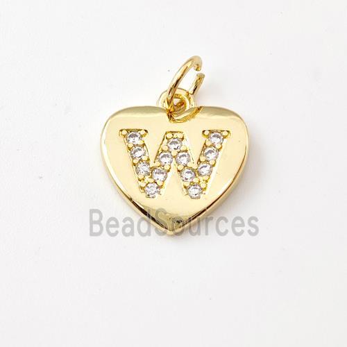 Copper Heart Pendant Pave Zirconia Letter-W Gold Plated