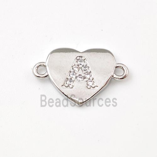 Copper Heart Connector Pave Zirconia Letter-A Platinum Plated