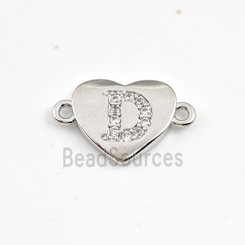 Copper Heart Connector Pave Zirconia Letter-D Platinum Plated