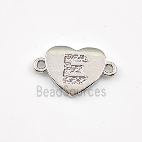 Copper Heart Connector Pave Zirconia Letter-E Platinum Plated