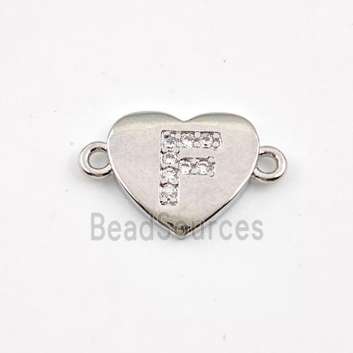 Copper Heart Connector Pave Zirconia Letter-F Platinum Plated