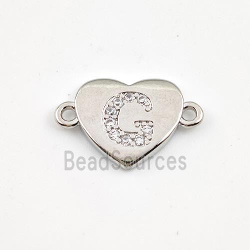 Copper Heart Connector Pave Zirconia Letter-G Platinum Plated