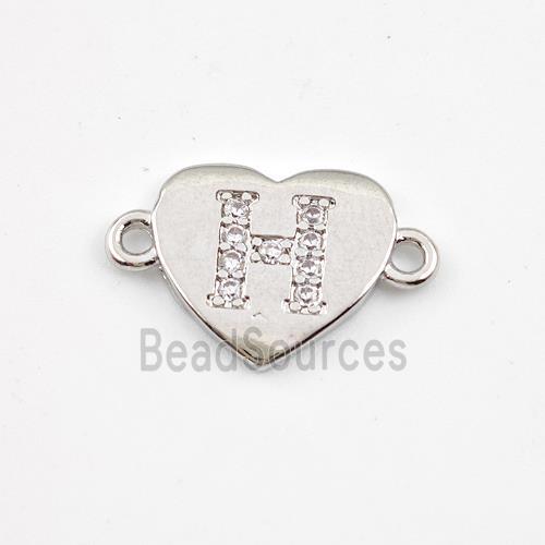 Copper Heart Connector Pave Zirconia Letter-H Platinum Plated