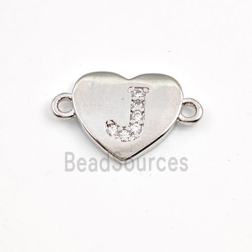 Copper Heart Connector Pave Zirconia Letter-J Platinum Plated