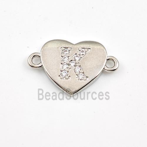 Copper Heart Connector Pave Zirconia Letter-K Platinum Plated