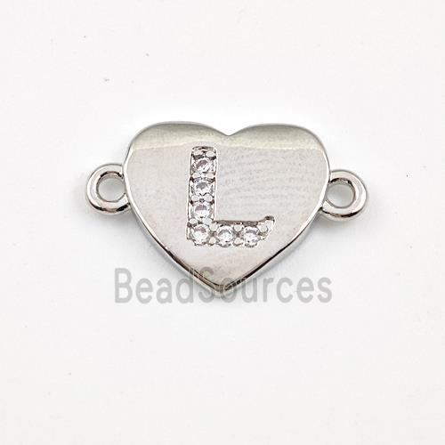 Copper Heart Connector Pave Zirconia Letter-L Platinum Plated