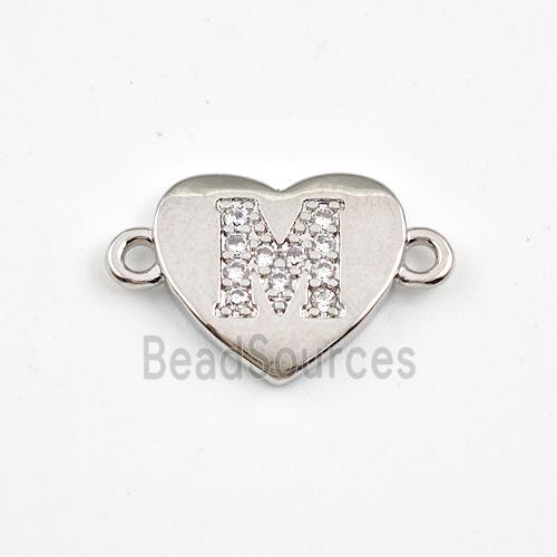 Copper Heart Connector Pave Zirconia Letter-M Platinum Plated