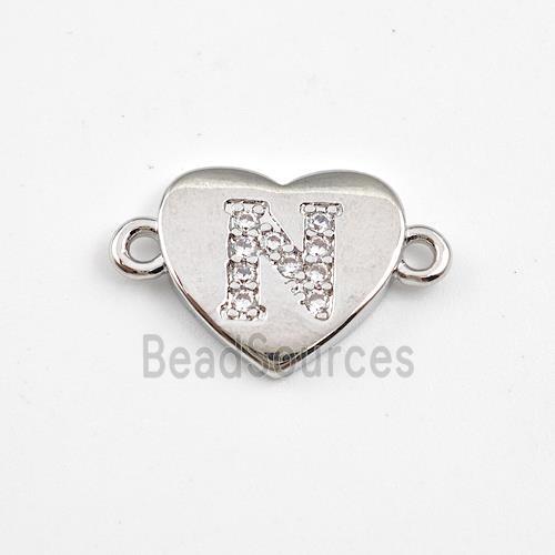 Copper Heart Connector Pave Zirconia Letter-N Platinum Plated