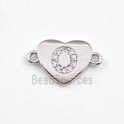 Copper Heart Connector Pave Zirconia Letter-O Platinum Plated