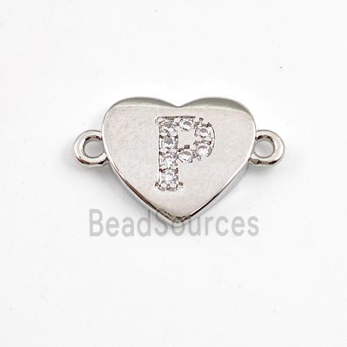 Copper Heart Connector Pave Zirconia Letter-P Platinum Plated