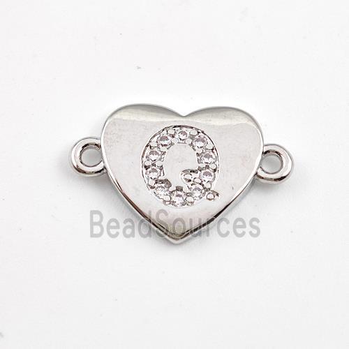 Copper Heart Connector Pave Zirconia Letter-Q Platinum Plated