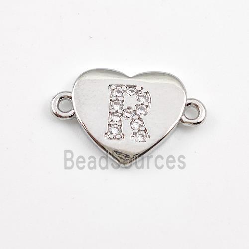 Copper Heart Connector Pave Zirconia Letter-R Platinum Plated