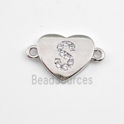 Copper Heart Connector Pave Zirconia Letter-S Platinum Plated