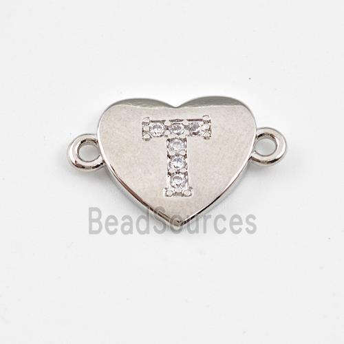 Copper Heart Connector Pave Zirconia Letter-T Platinum Plated