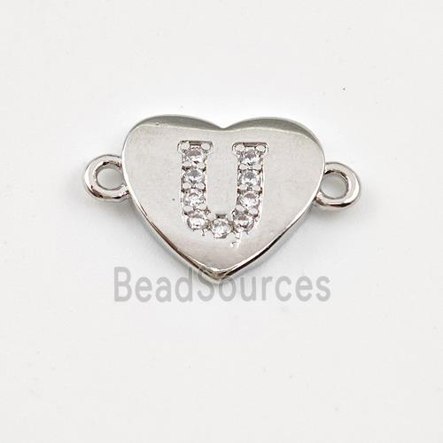 Copper Heart Connector Pave Zirconia Letter-U Platinum Plated