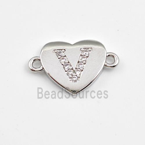 Copper Heart Connector Pave Zirconia Letter-V Platinum Plated