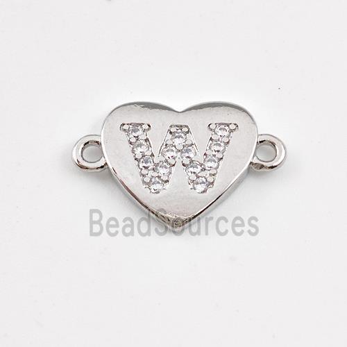 Copper Heart Connector Pave Zirconia Letter-W Platinum Plated