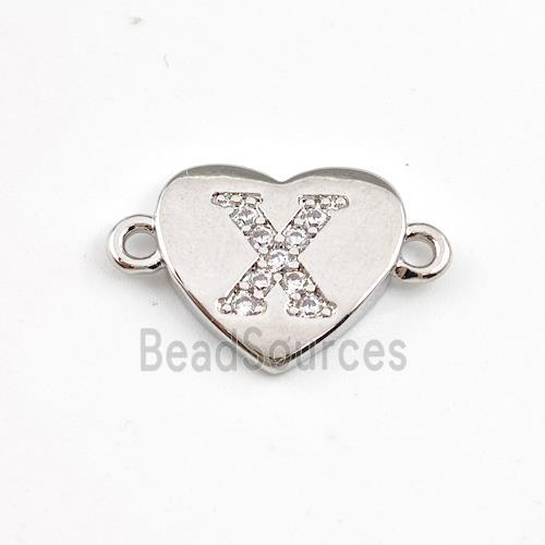 Copper Heart Connector Pave Zirconia Letter-X Platinum Plated