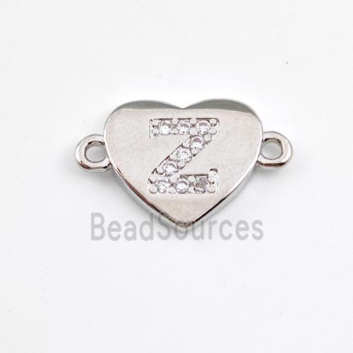 Copper Heart Connector Pave Zirconia Letter-Z Platinum Plated