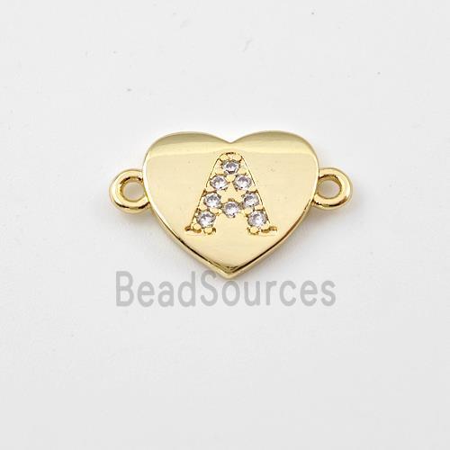 Copper Heart Connector Pave Zirconia Letter-A Gold Plated