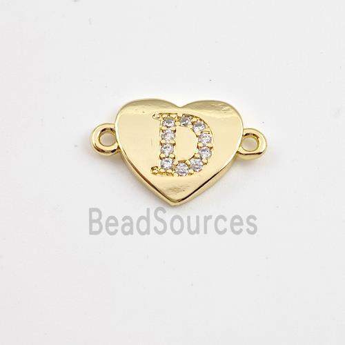 Copper Heart Connector Pave Zirconia Letter-D Gold Plated