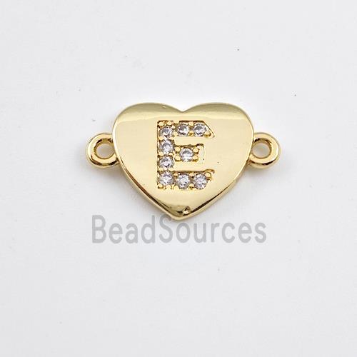 Copper Heart Connector Pave Zirconia Letter-E Gold Plated