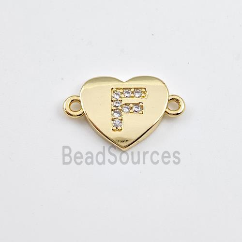 Copper Heart Connector Pave Zirconia Letter-F Gold Plated