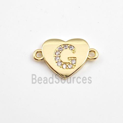 Copper Heart Connector Pave Zirconia Letter-G Gold Plated