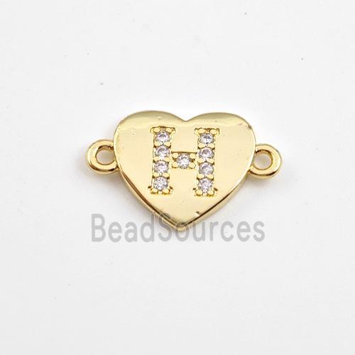 Copper Heart Connector Pave Zirconia Letter-H Gold Plated