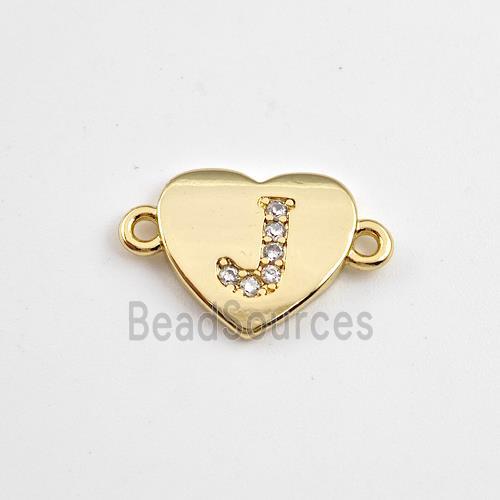 Copper Heart Connector Pave Zirconia Letter-J Gold Plated