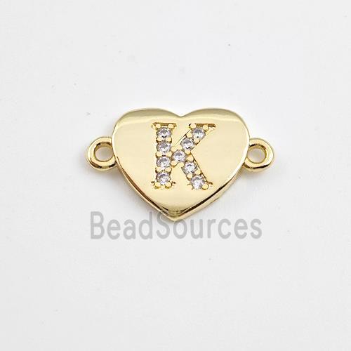 Copper Heart Connector Pave Zirconia Letter-K Gold Plated