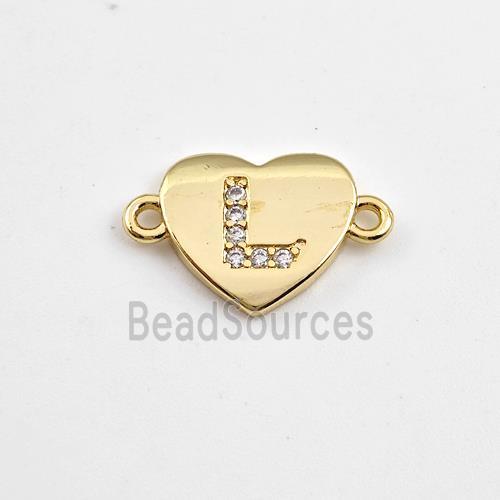 Copper Heart Connector Pave Zirconia Letter-L Gold Plated