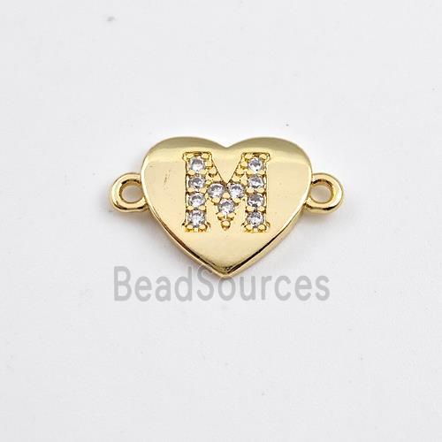 Copper Heart Connector Pave Zirconia Letter-M Gold Plated