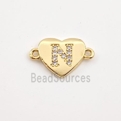 Copper Heart Connector Pave Zirconia Letter-N Gold Plated