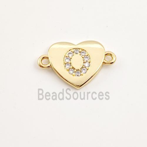 Copper Heart Connector Pave Zirconia Letter-O Gold Plated