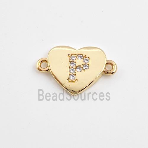 Copper Heart Connector Pave Zirconia Letter-P Gold Plated