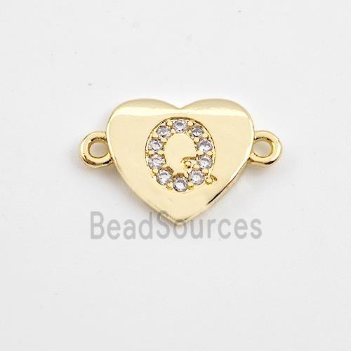 Copper Heart Connector Pave Zirconia Letter-Q Gold Plated