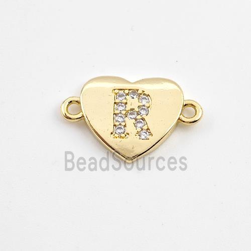 Copper Heart Connector Pave Zirconia Letter-R Gold Plated