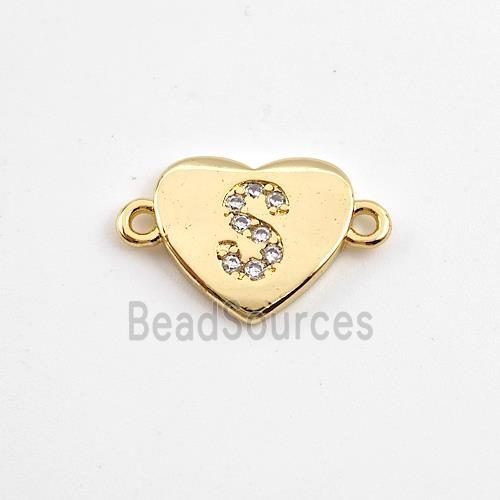 Copper Heart Connector Pave Zirconia Letter-S Gold Plated