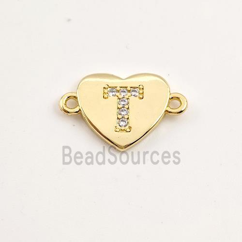 Copper Heart Connector Pave Zirconia Letter-T Gold Plated