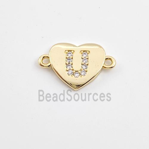 Copper Heart Connector Pave Zirconia Letter-U Gold Plated