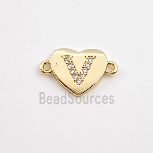 Copper Heart Connector Pave Zirconia Letter-V Gold Plated