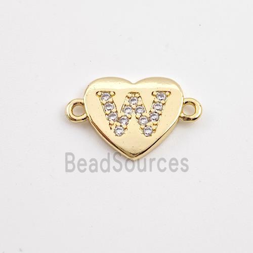 Copper Heart Connector Pave Zirconia Letter-W Gold Plated