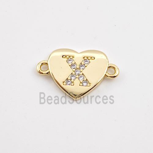 Copper Heart Connector Pave Zirconia Letter-X Gold Plated