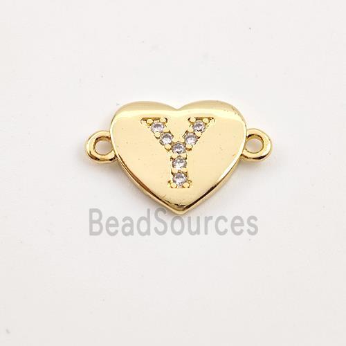 Copper Heart Connector Pave Zirconia Letter-Y Gold Plated