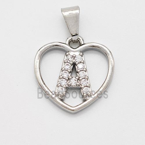 Copper Heart Pendant Pave Zirconia Letter-A Platinum Plated