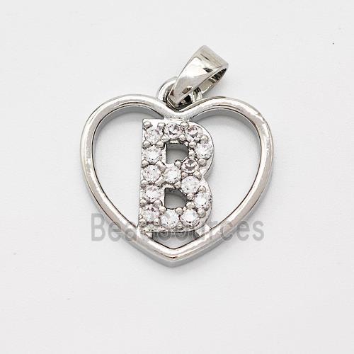 Copper Heart Pendant Pave Zirconia Letter-B Platinum Plated