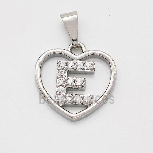 Copper Heart Pendant Pave Zirconia Letter-E Platinum Plated