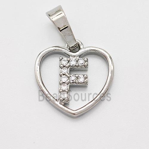 Copper Heart Pendant Pave Zirconia Letter-F Platinum Plated